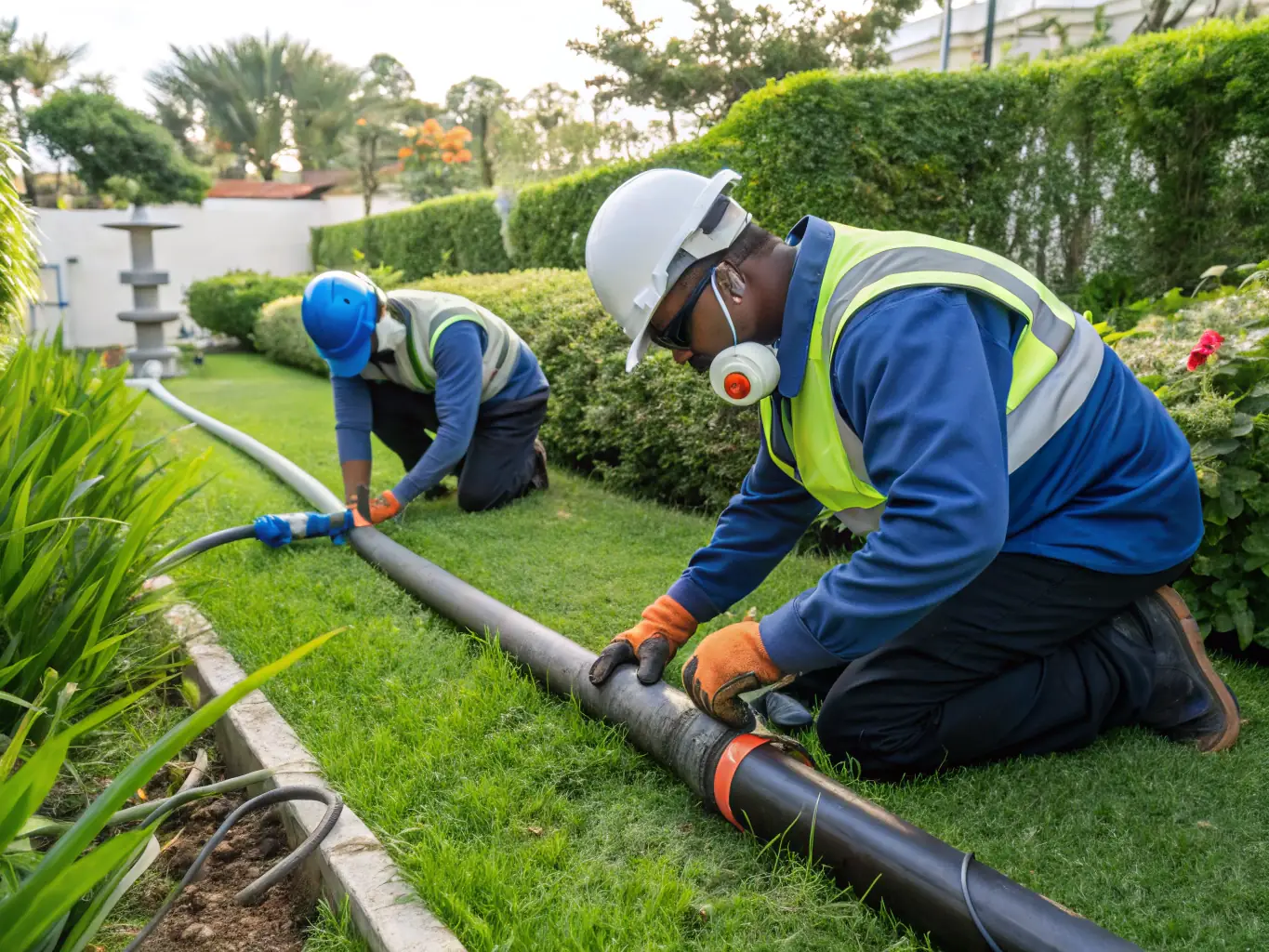 A medium shot of a gas pipeline installation, focusing on the steel pipes and fittings provided by Mediterranea Commerciale, with workers in safety gear. The image should convey safety and precision.