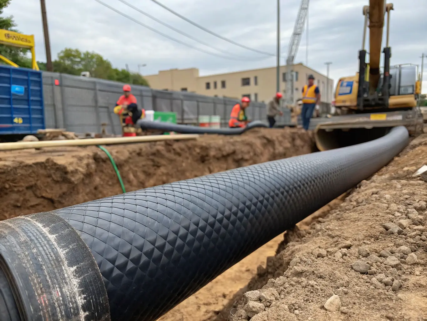 A close-up shot of a polyethylene pipe joint, showcasing its seamless connection and robust construction, set against a backdrop of a construction site.