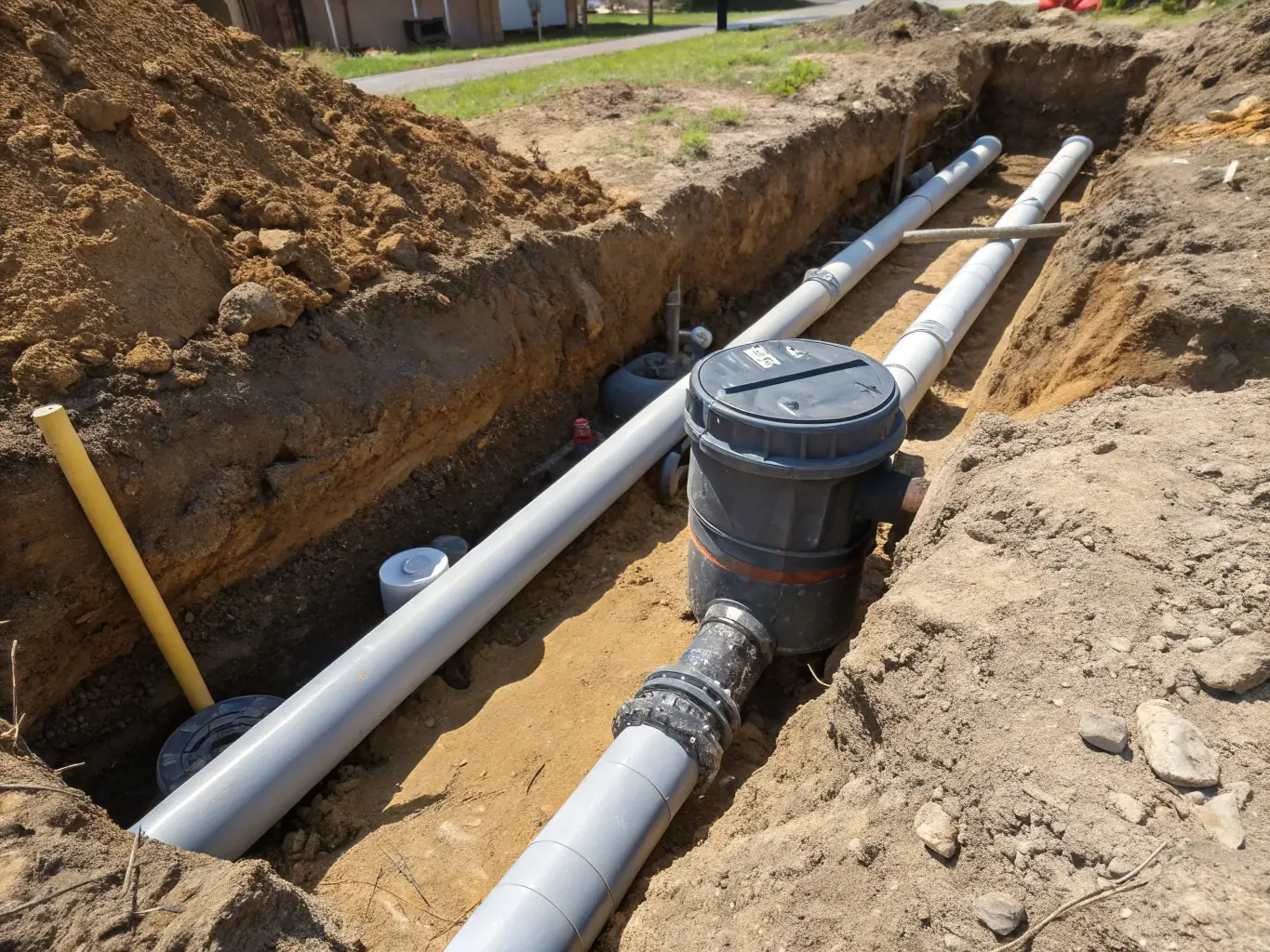 A close-up shot of a modern sewage system under construction, highlighting the PVC pipes and fittings used for wastewater management, supplied by Mediterranea Commerciale. The image should convey hygiene and environmental responsibility.